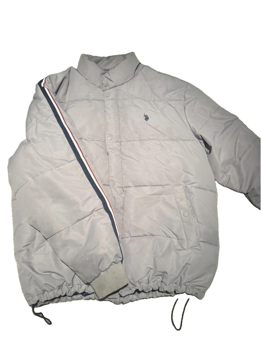 US Polo Assn Mens Puffer Jacket 3XL Grey Stripe Zip Up Bomber Coat Big & Tall